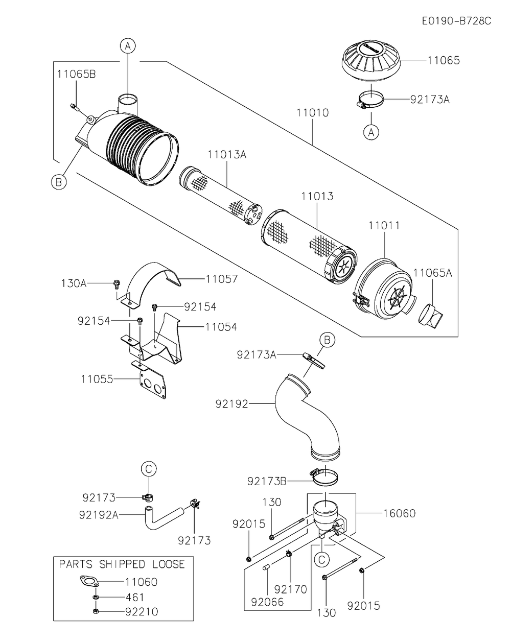 Air Filter And Muffler Diagram and Parts List for FX801V-DS25  Cub Cadet Lawn Tractor